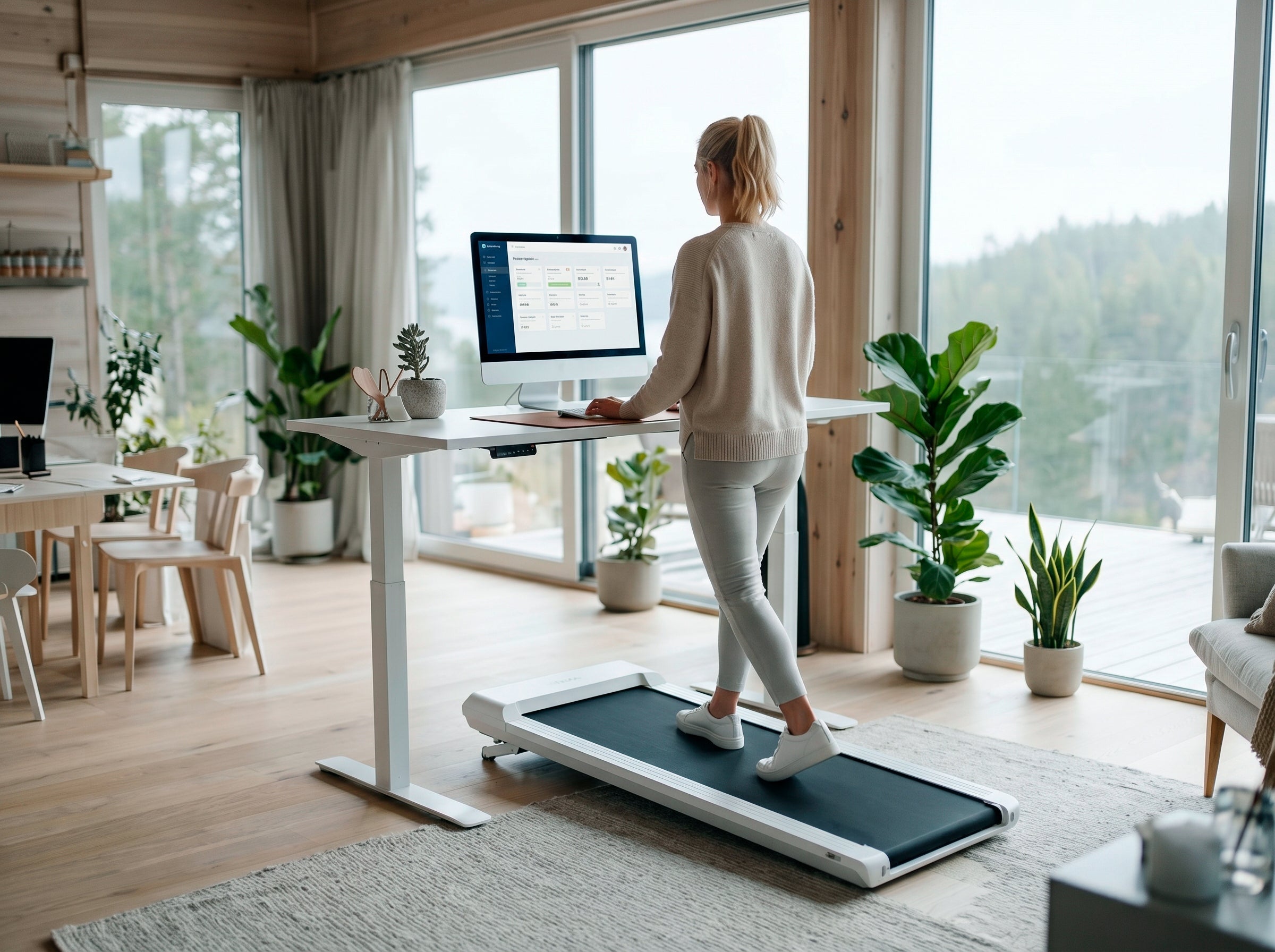 Femme marche sur un tapis de marche tout en travaillant debout à son bureau