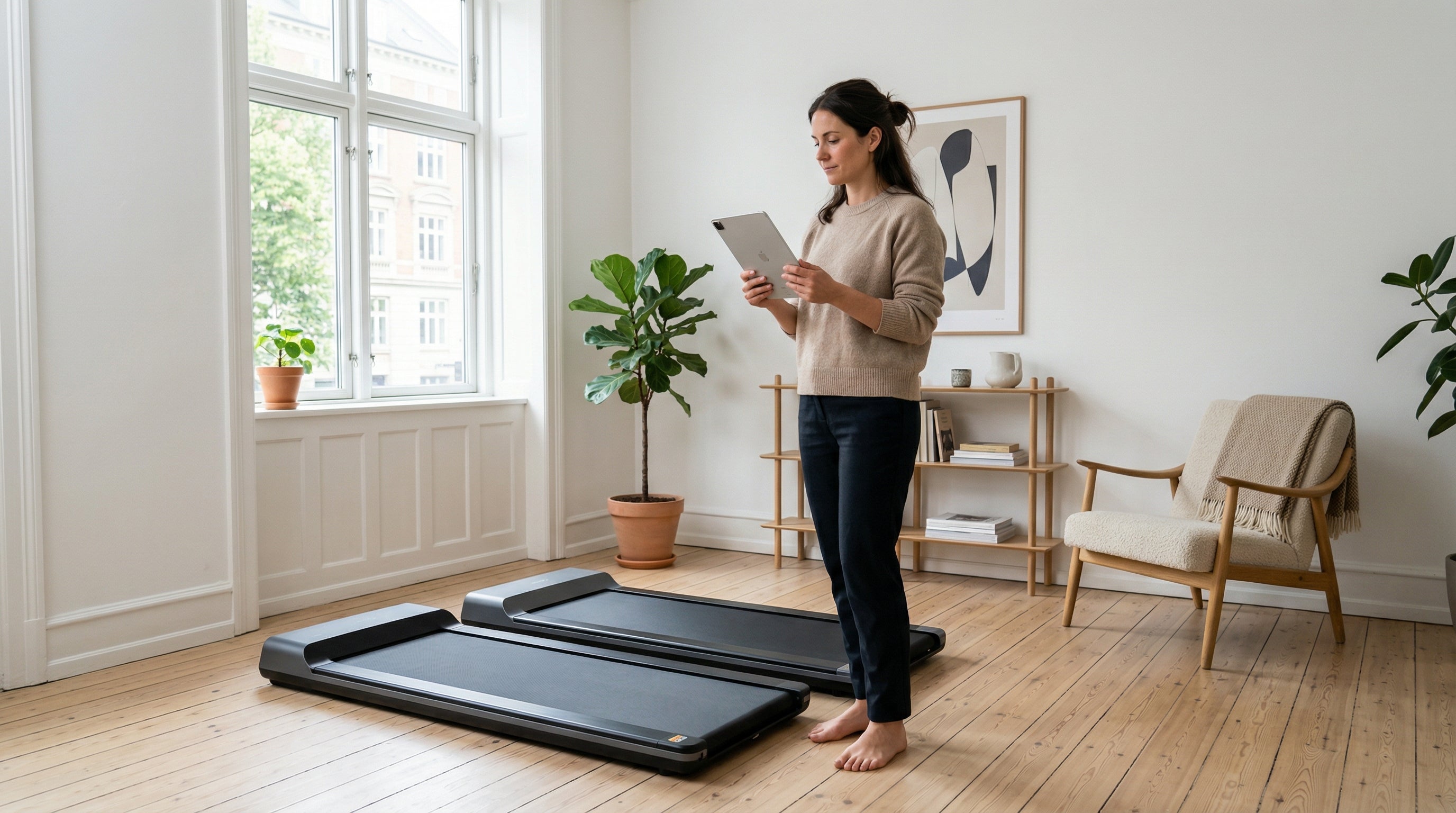 Personne compare des modèles de tapis de course sur une tablette