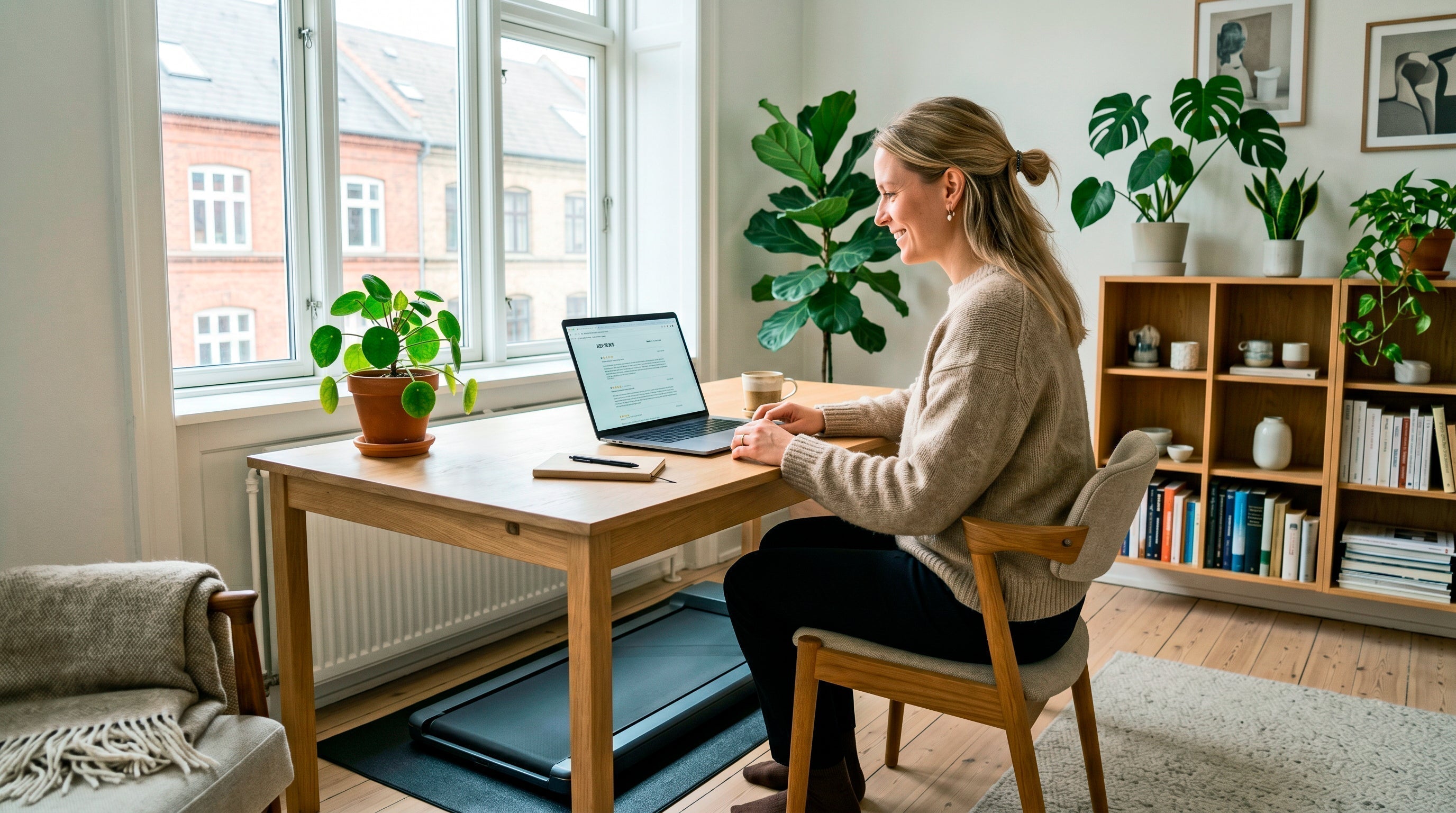Arbeitsplatz mit Laptop und Pflanzen, Walking Pad unter dem Schreibtisch