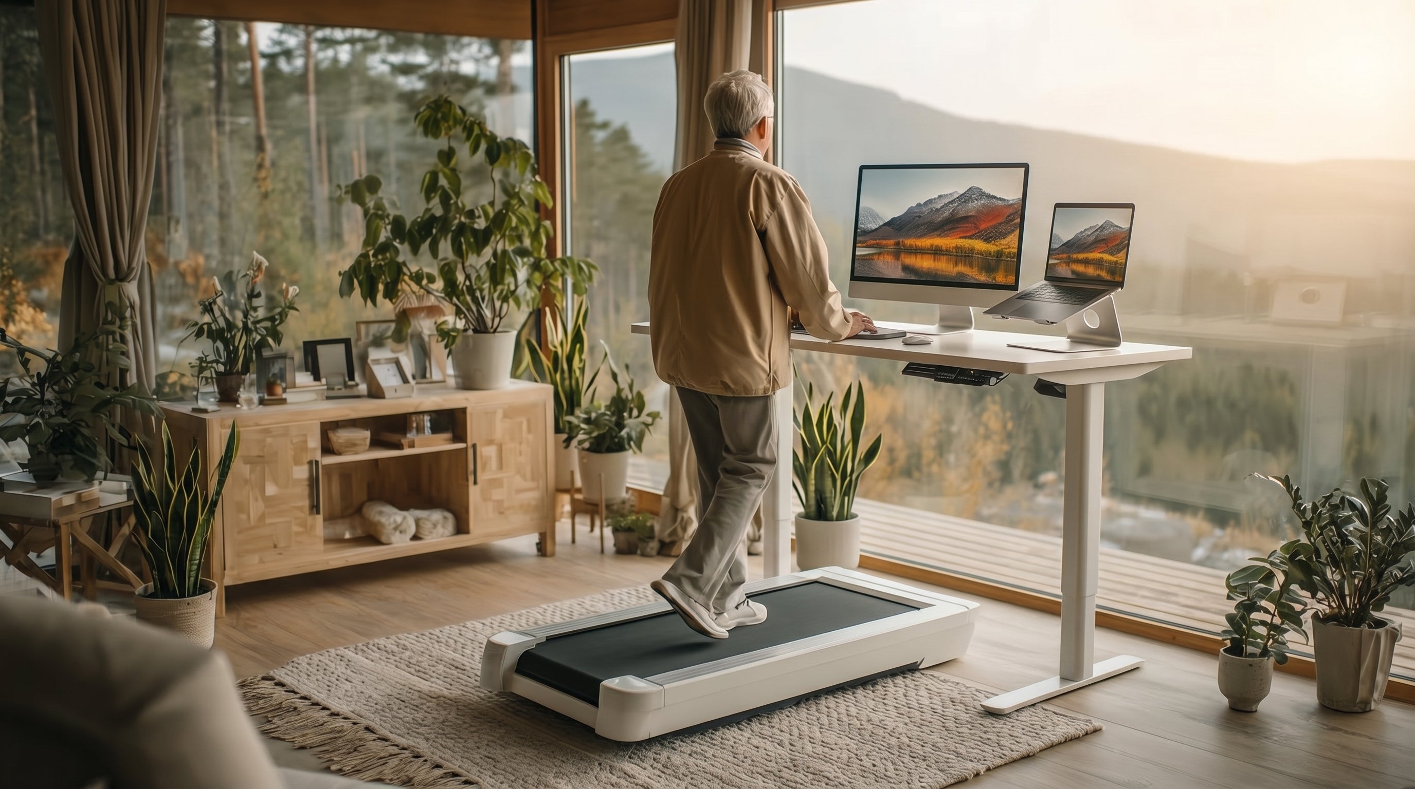 Homme marche sur un tapis de course en travaillant au bureau