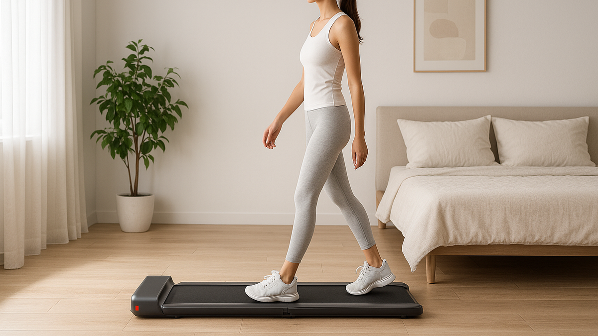 Tapis de marche sous un bureau réglable en hauteur, dans un bureau à domicile
